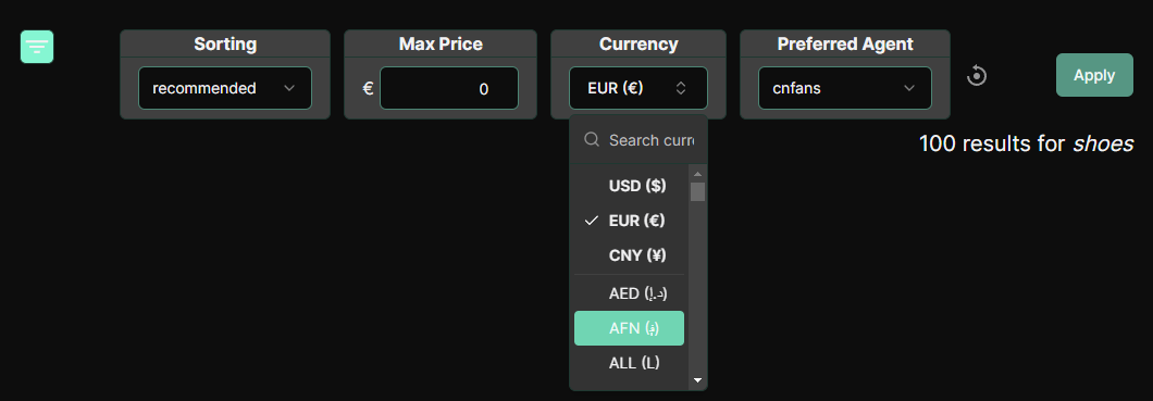currency dropdown